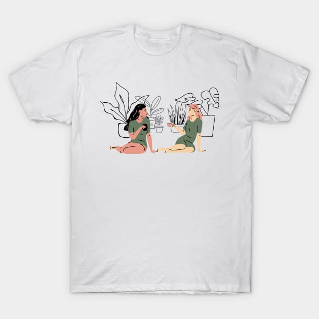 Childhood Best Friends Having Coffee Next to Plants T-Shirt by A.P.